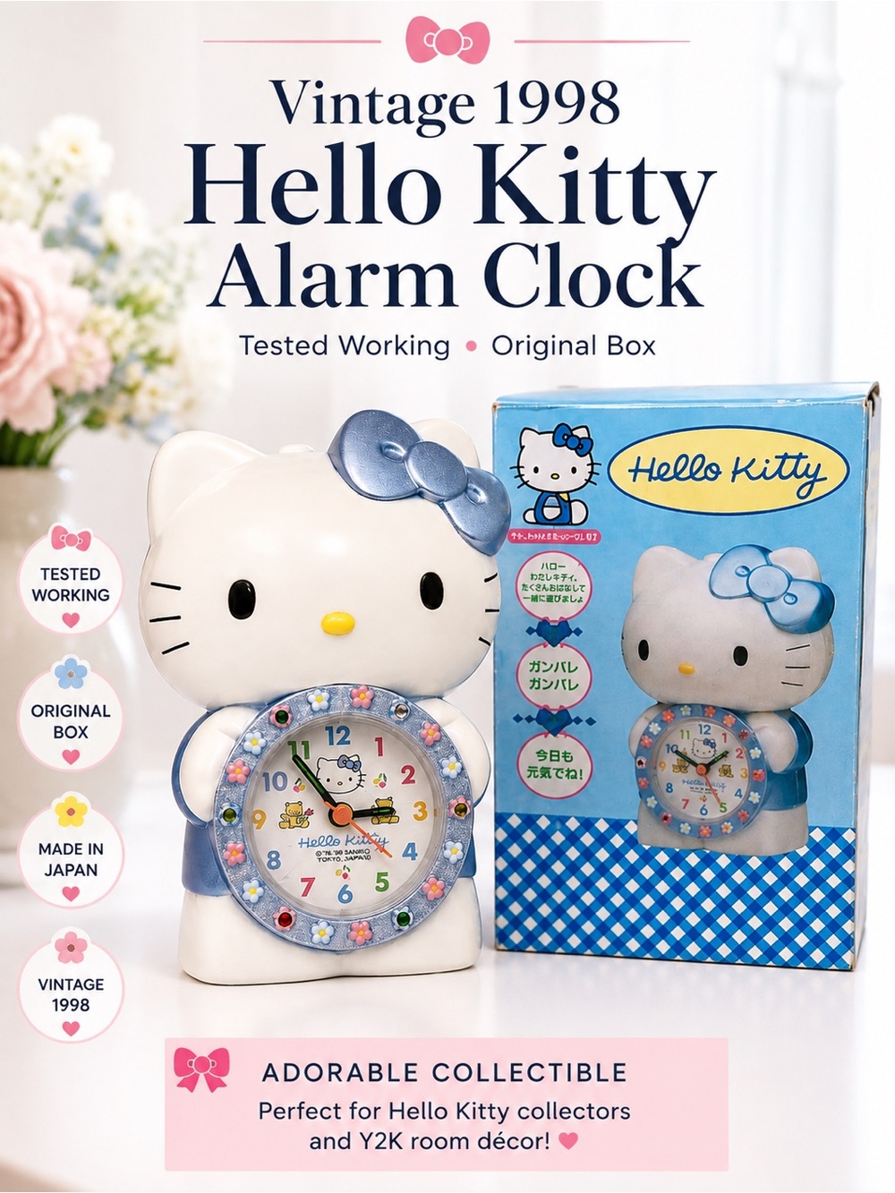 Rare Vintage 1998 Sanrio Hello Kitty Alarm Clock – Tested Working – Original Box